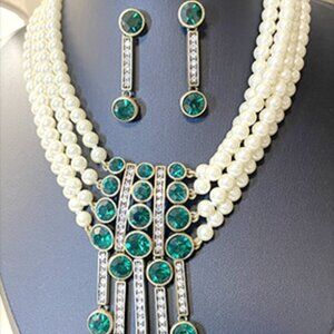 Simulated Pearl and Green Crystal Beaded Drop Necklace Set